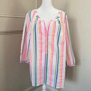 Talbots Plus Pastel Rainbow Stripe Popover Light Blouse Size 1X Spring Summer